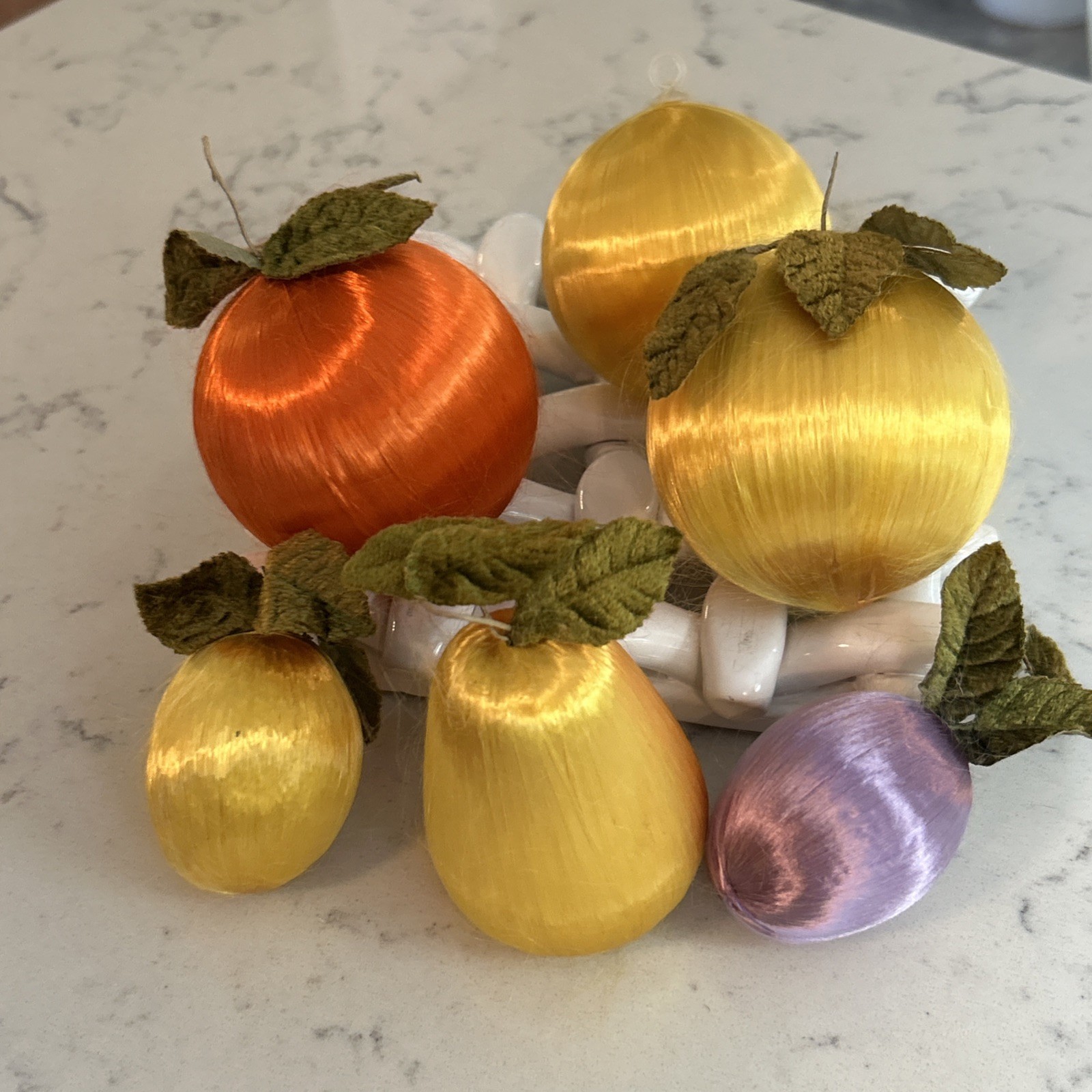 Vintage MCM Fruit Satin Silk Spun Ornaments w/ Velvet Leaves or Bowl Decor Vintage MCM Fruit Satin Silk Spun Ornaments w/ Velvet Leaves or Bowl Decor