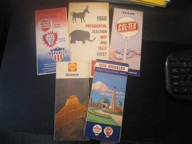 Vintage 5 Road Map Lot  1958 Republic-1950\'sCol-Tex, 1960 Presidential Election