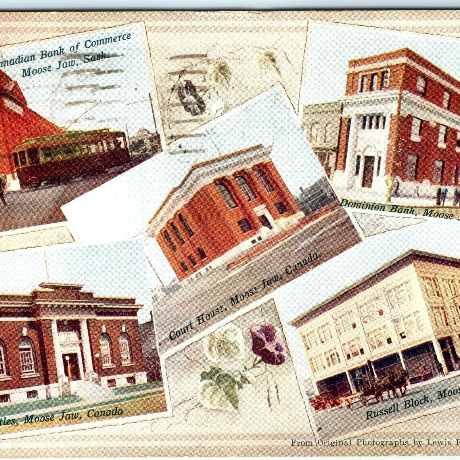 c1910s Moose Jaw, Sask Multi View Postcard Bank Court Land Titles Rice DB Posted