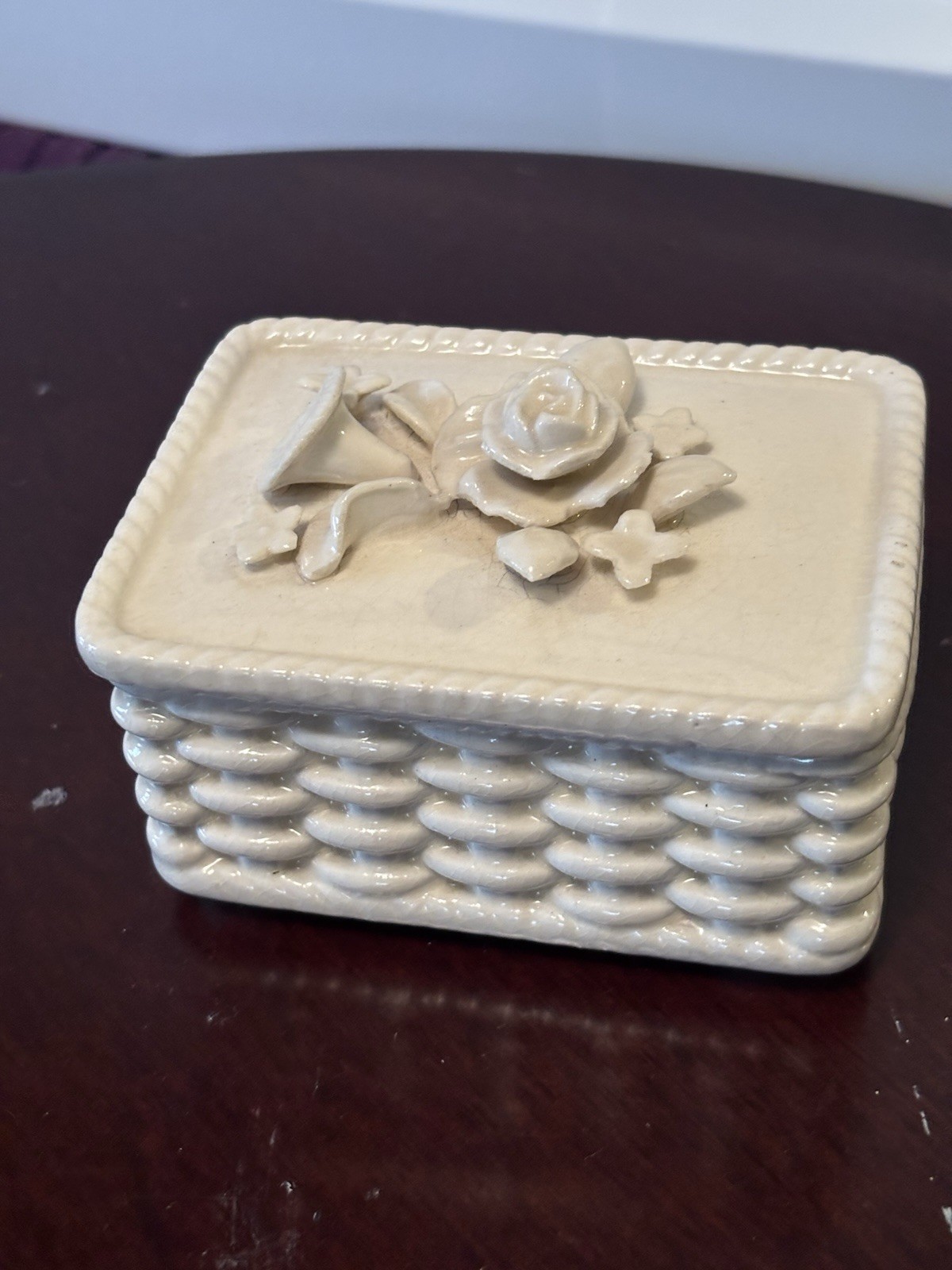Vintage Porcelain Ceramic Basket Weave with Rose - Trinket Dresser Box - Japan