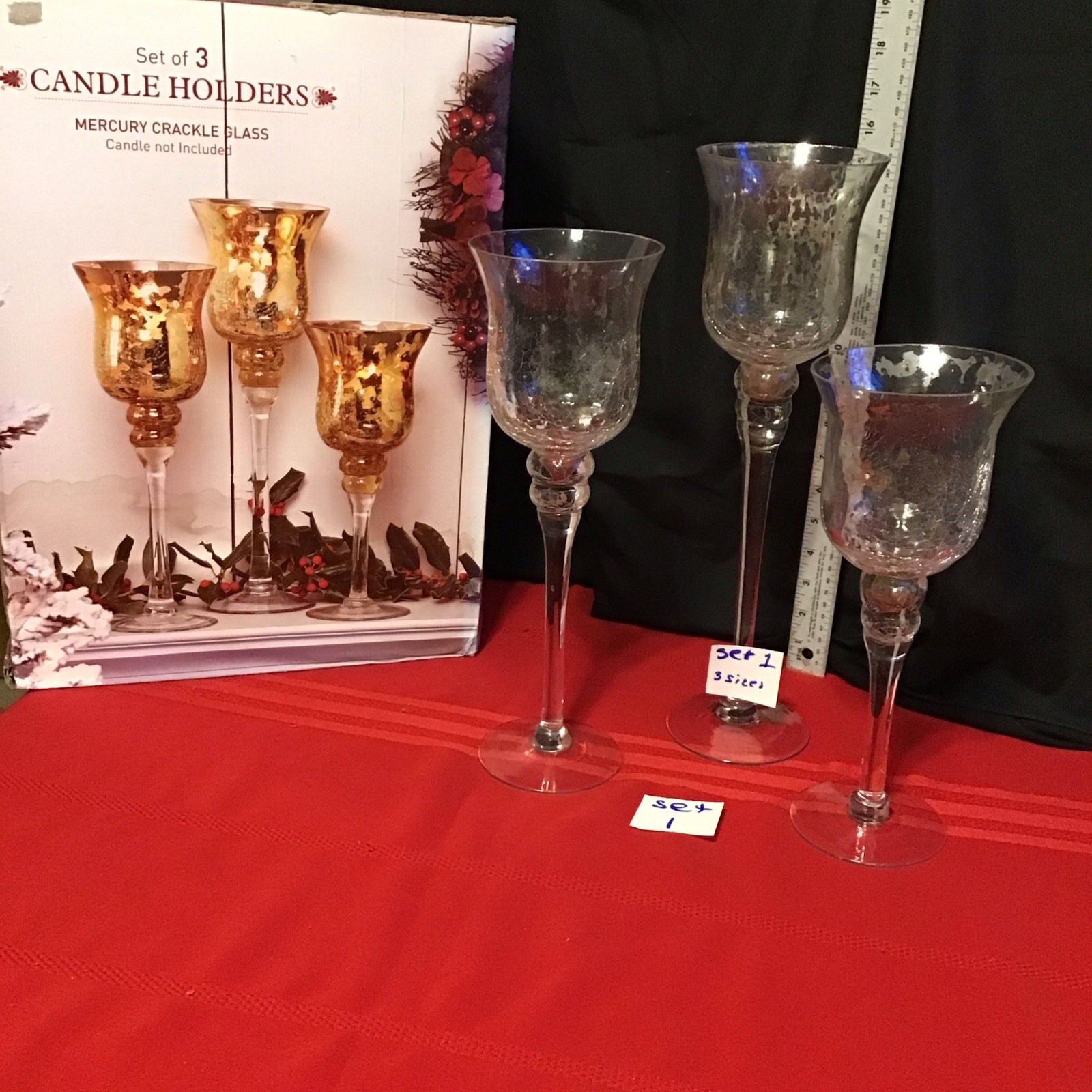 3 Mercury Crackle Glass Hurricane Candle Holders Graduated Stemmed   Embossed