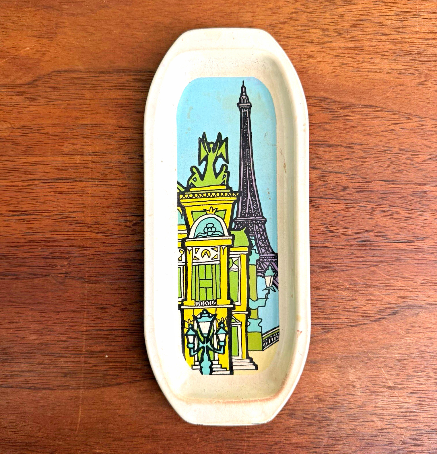 Vintage Metal Souvenir Serving Tray Eiffel Tower Paris Oval Printed