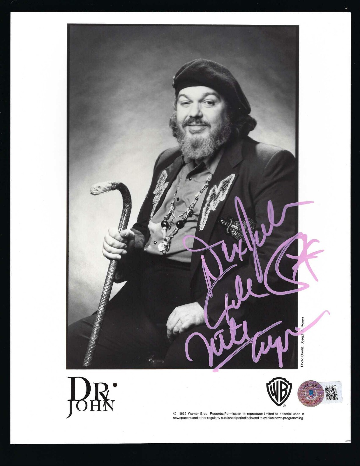 Dr. John Signed 8x10 Photo BAS Authenticated New Orleans blues, jazz & R&B