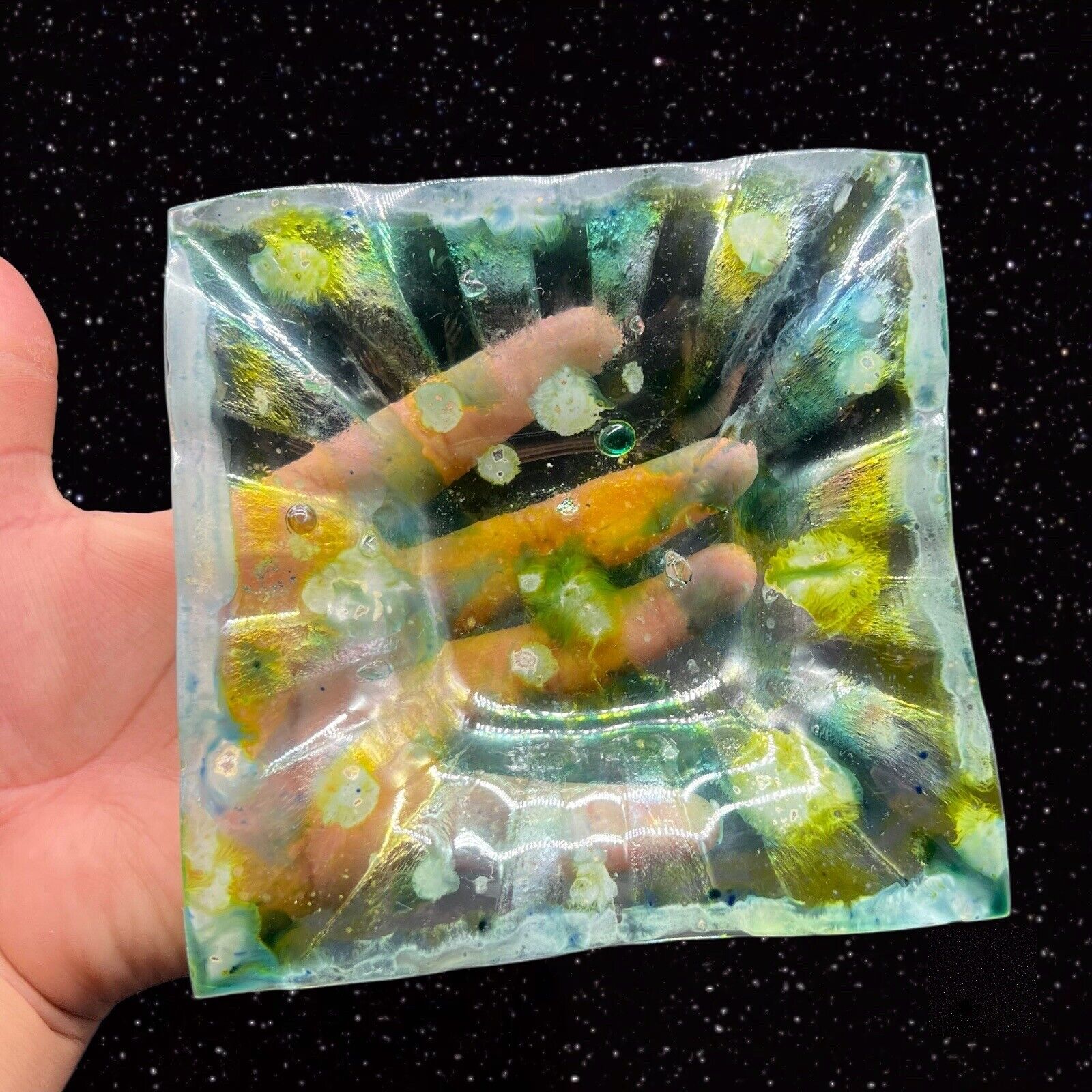 Green Fused Art Glass Dish Plate Hand Made Square Bubbles Decorated 5.75”D 1”T