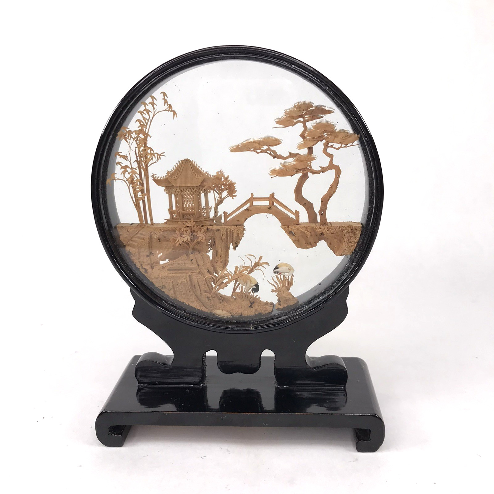 Vintage Chinese San You Diorama CORK CARVING  Round Glass Case Cranes
