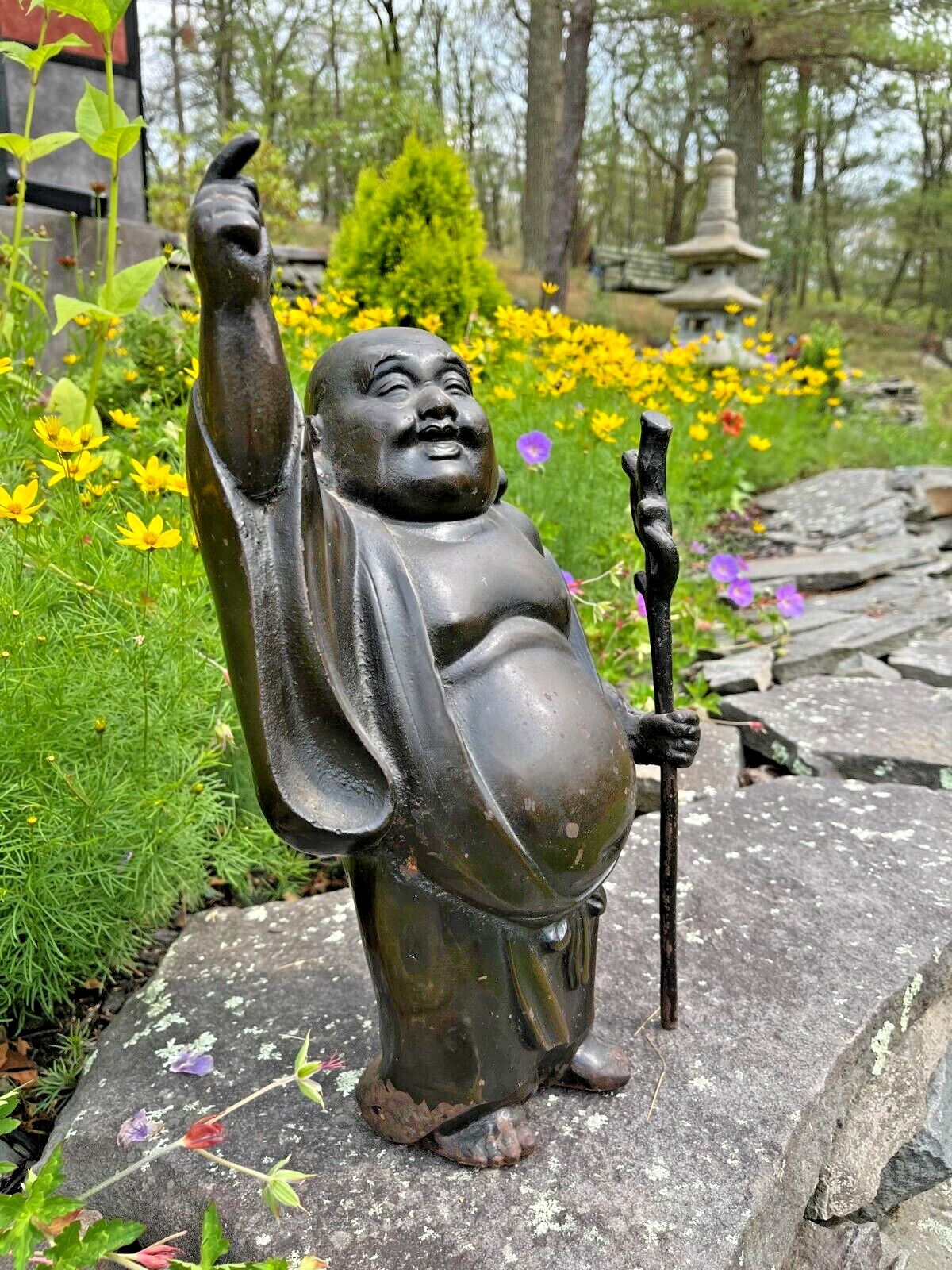 Vintage LARGE 15.5 Inch 16 Pound Metal Chubby Buddha Statue with Staff SO COOL