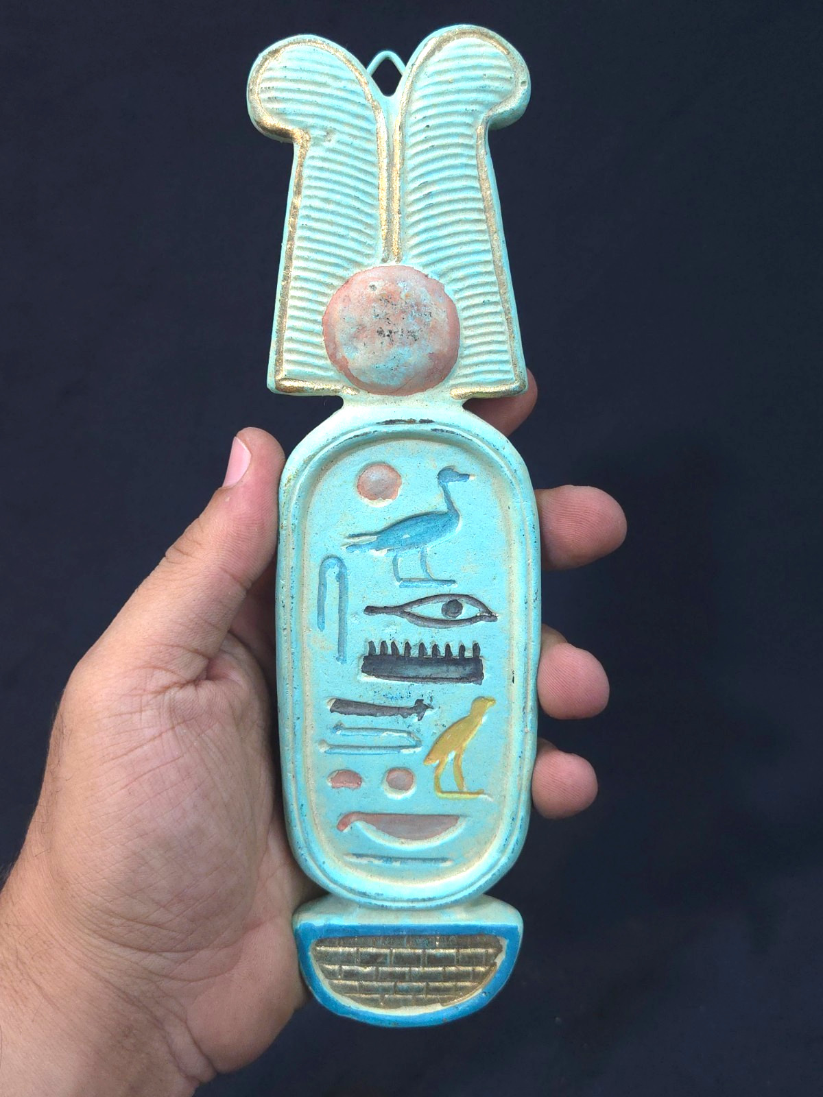 Ancient Egyptian Antiques Winged Sun Disk Plaque Horus Hieroglyphs Blue Gold Ancient Egyptian Antiques Winged Sun Disk Plaque Horus Hieroglyphs Blue Gold