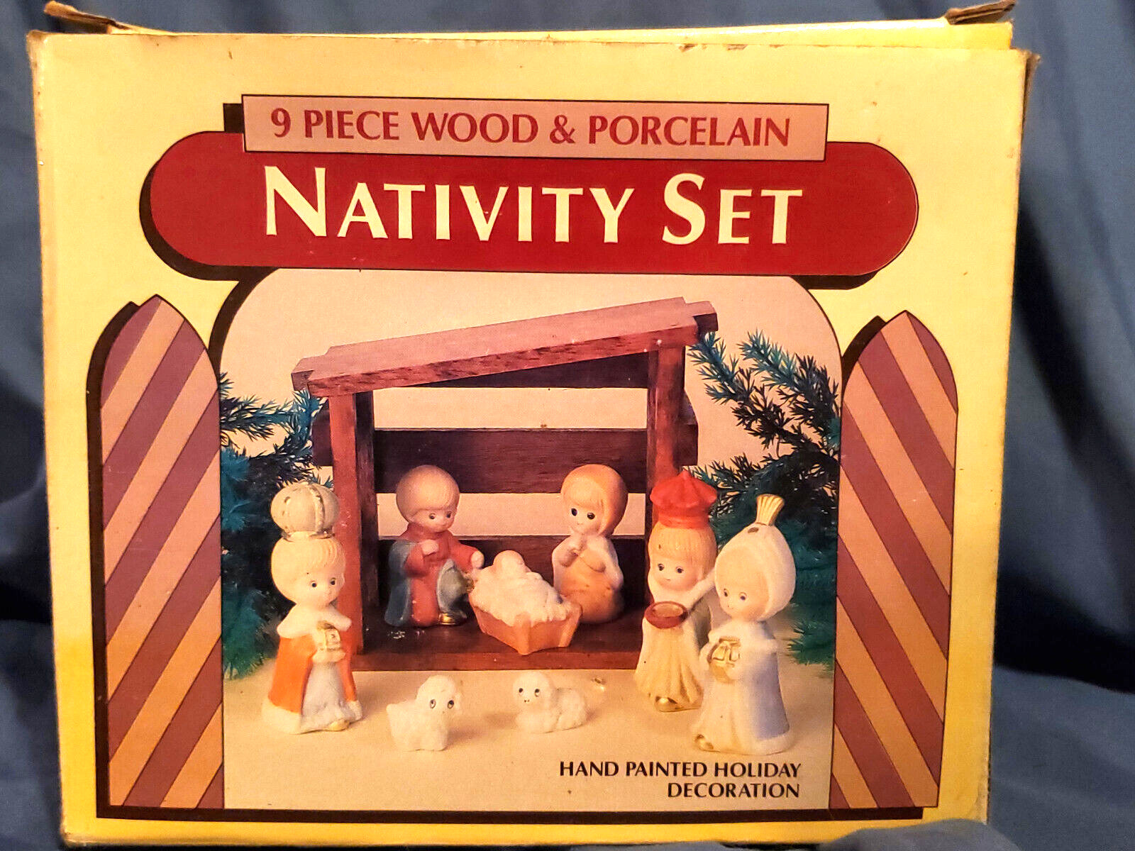 Vintage 1970's 9pc Nativity Set Wood Porcelain Hand Painted New In Box - GiftCo