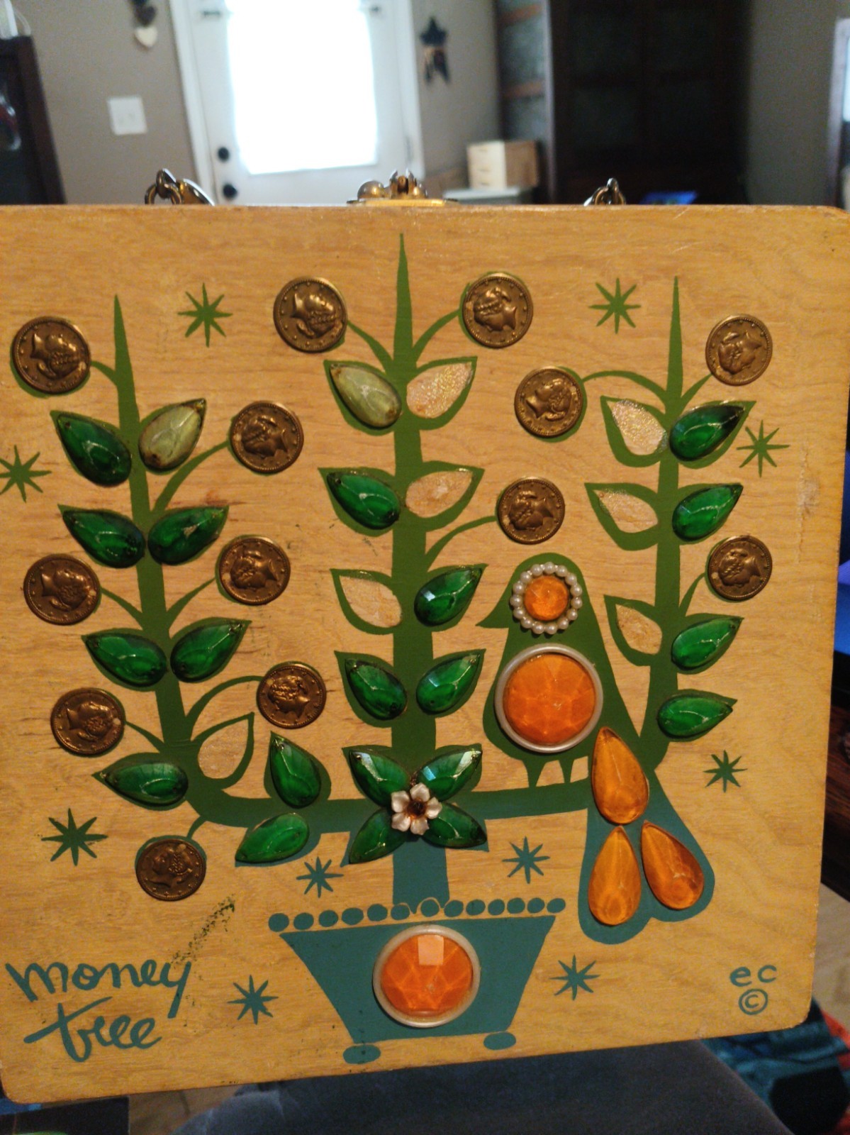 Vintage 1960s Enid Collins of Texas Original Box Money Tree Wood Purse Mirror