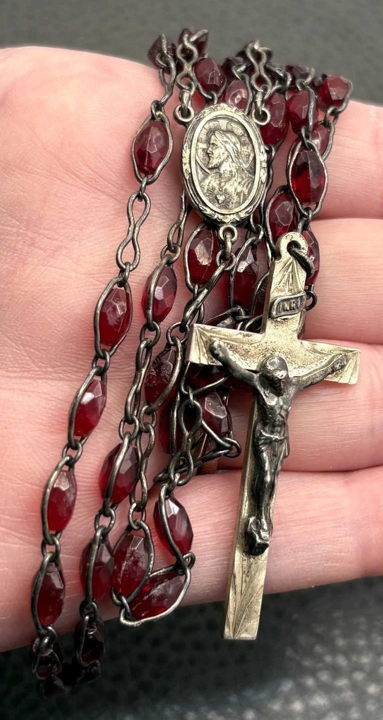 VTG Sterling Silver HMH Maker Rosary Red Faceted Glass Beads Cross Crucifix 28”
