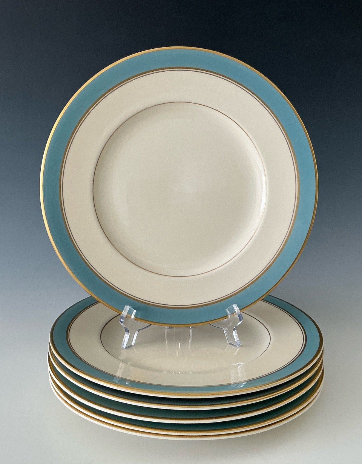 Set/6 Syracuse Edmonton Dinner Plates Turquoise & Gold Band Vintage 1950s