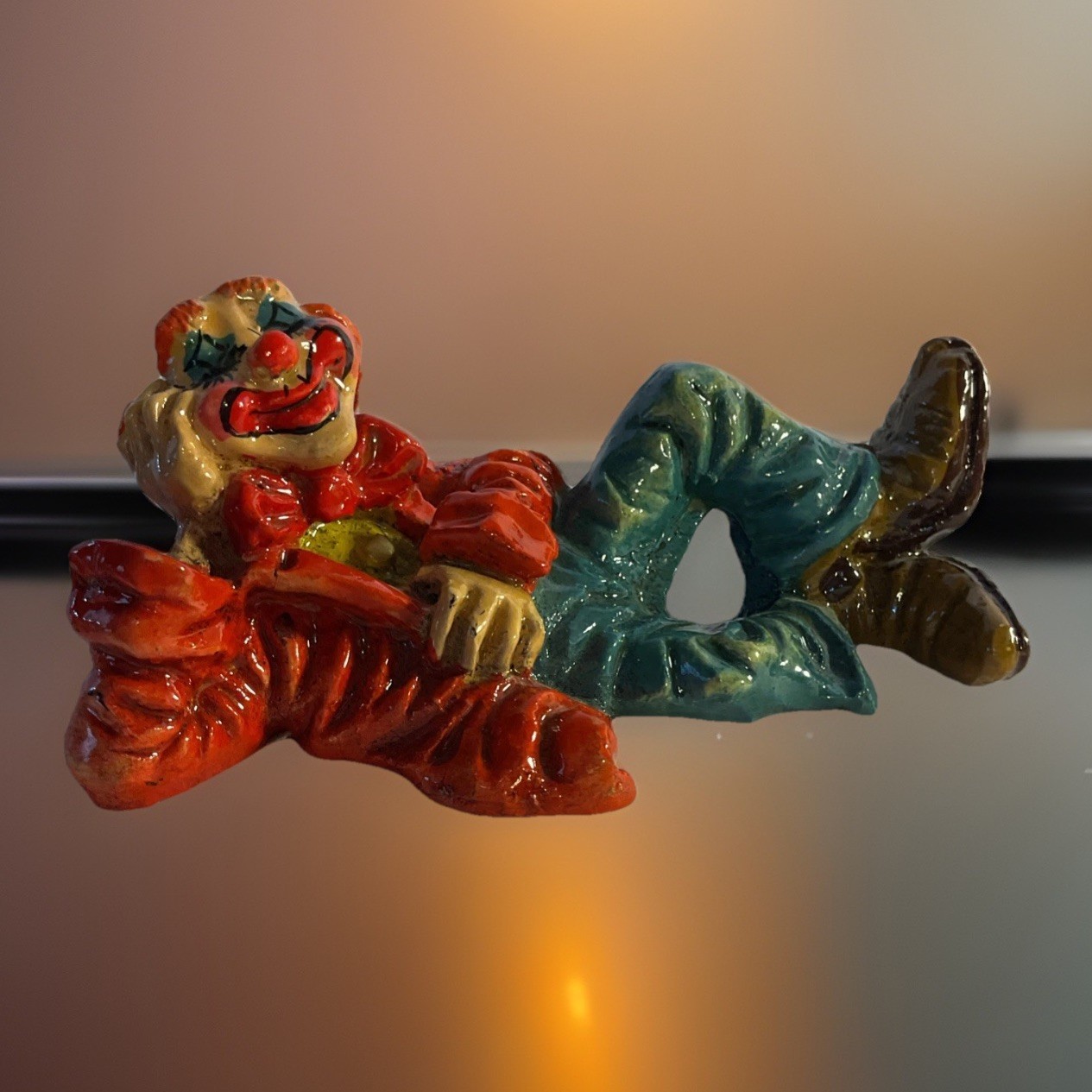 Vintage Alvarez Mexican paper mache Folk Art clown figure lounging  5x2x 3 