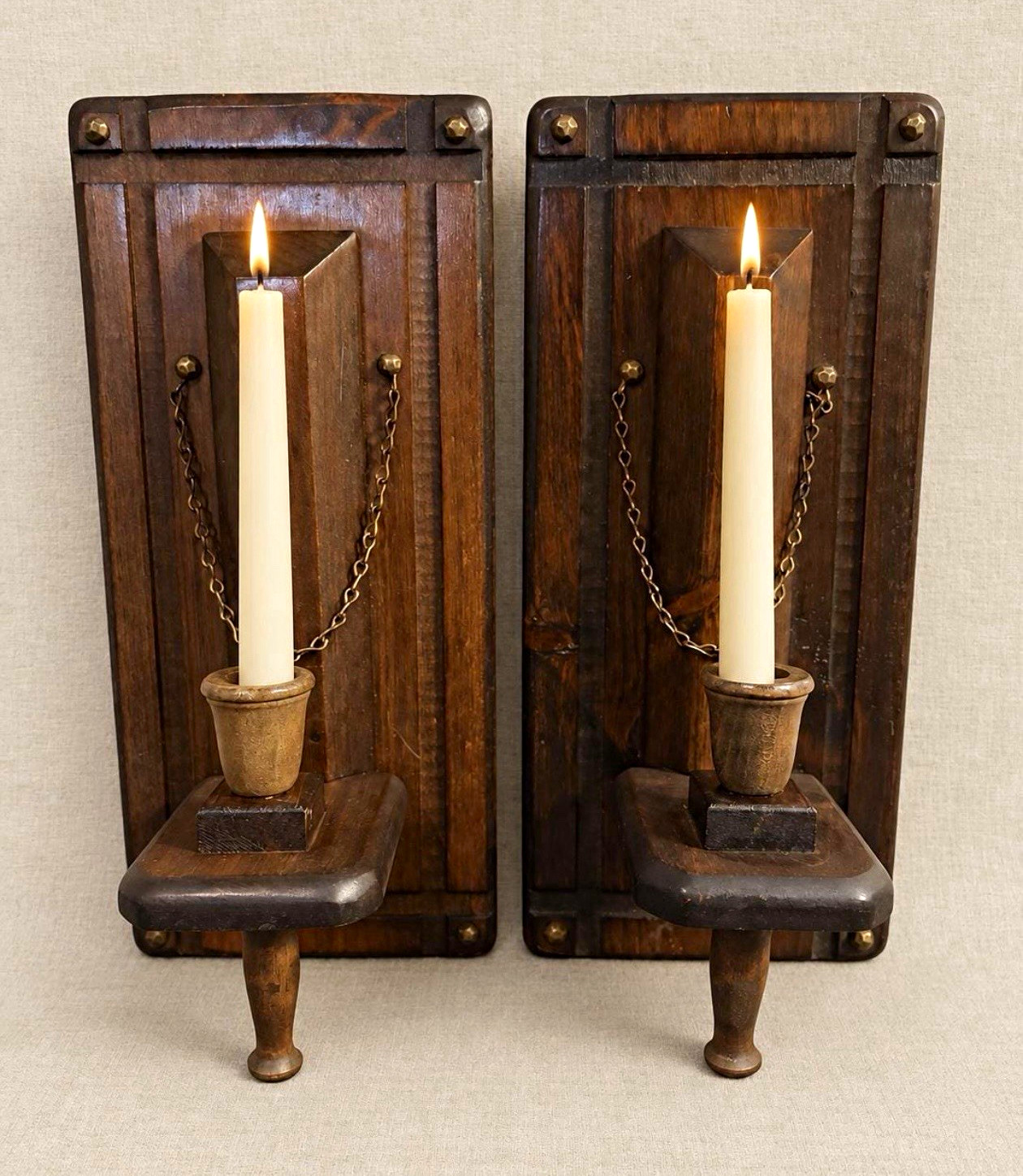 Vintage Wood Wall Candle Sconces w/ wood Cups & Metal Chain, Wall Mounted, Brown Vintage Wood Wall Candle Sconces w/ wood Cups & Metal Chain, Wall Mounted, Brown
