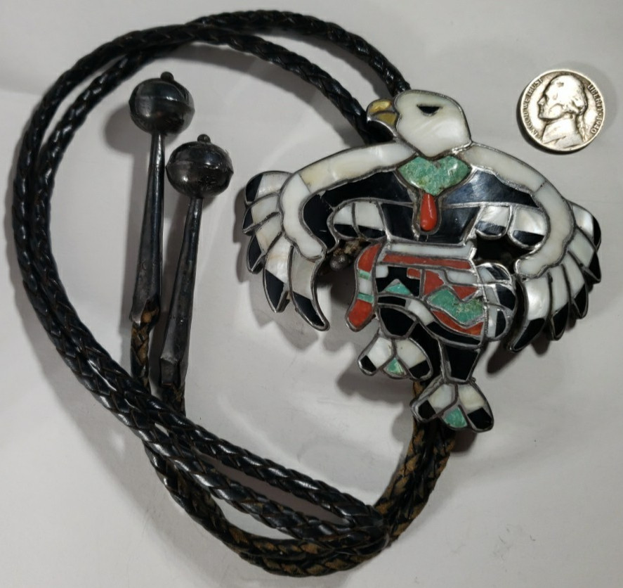 Vintage Zuni Eagle Dancer Multi-Stone Inlay Sterling Bolo 1965-75 Dixon Shebola