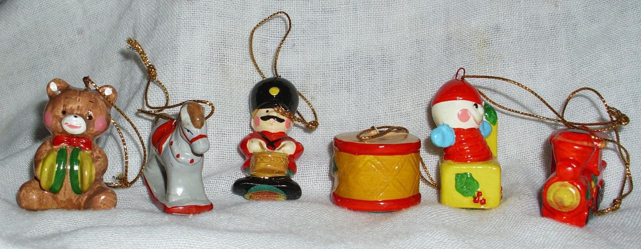 VTG LOT 6 ENESCO CERAMIC TOY CHRISTMAS ORNAMENTS DECORATIONS TRAIN ROCKING HORSE
