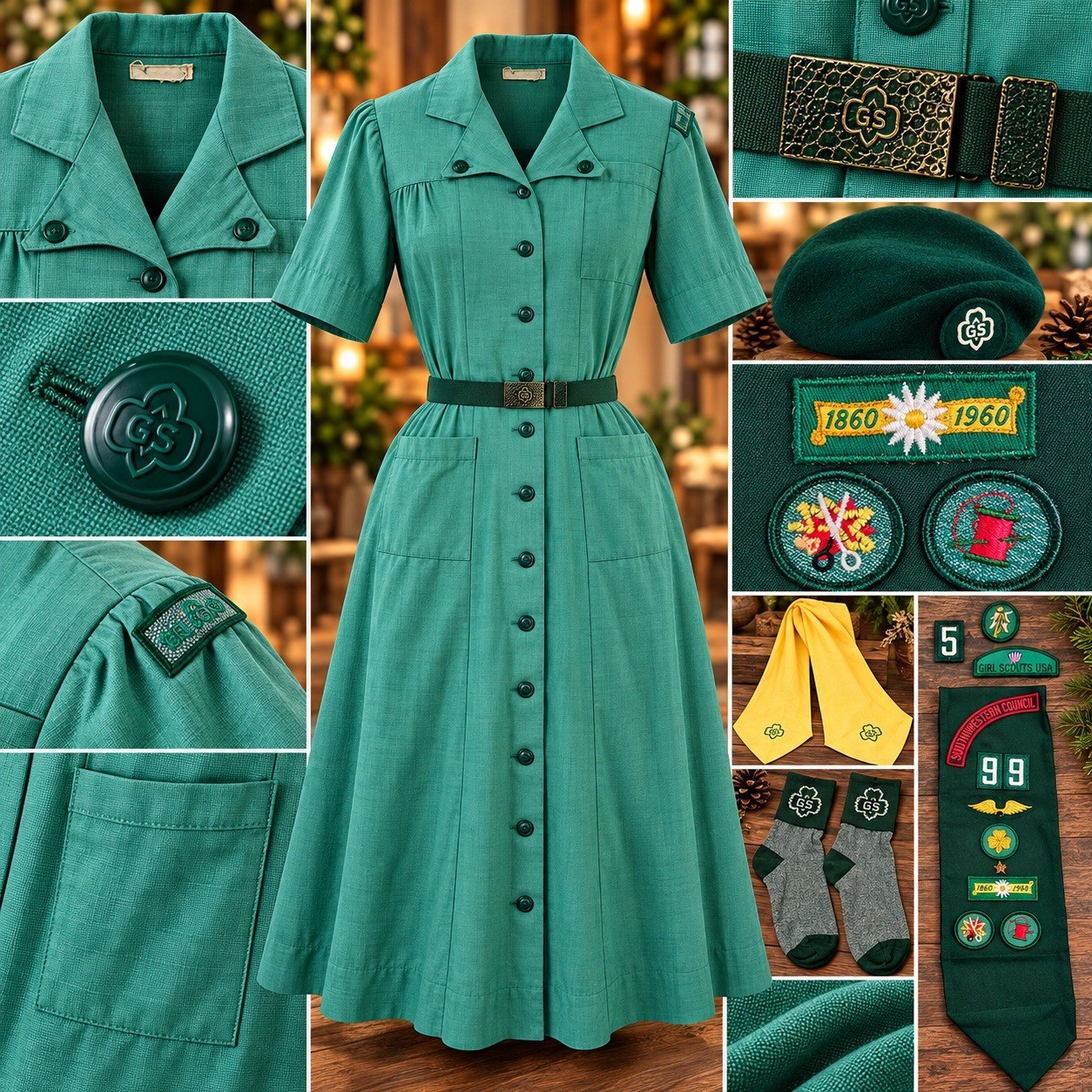 Vintage 1960 Girl Scouts USA Uniform Dress Set Beret Sash Patches Green Pre-Teen