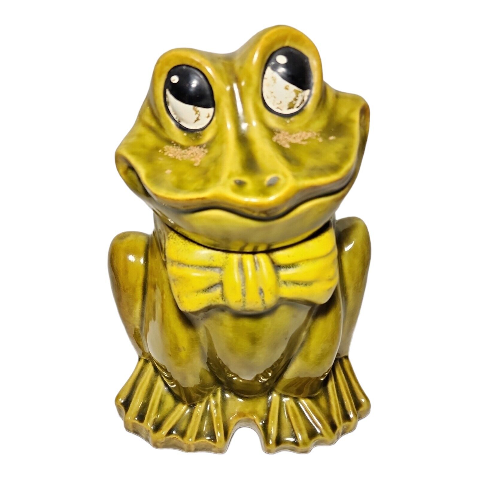 Vintage Mid Century Frog Cookie Jar With Bowtie Olive Green 11\
