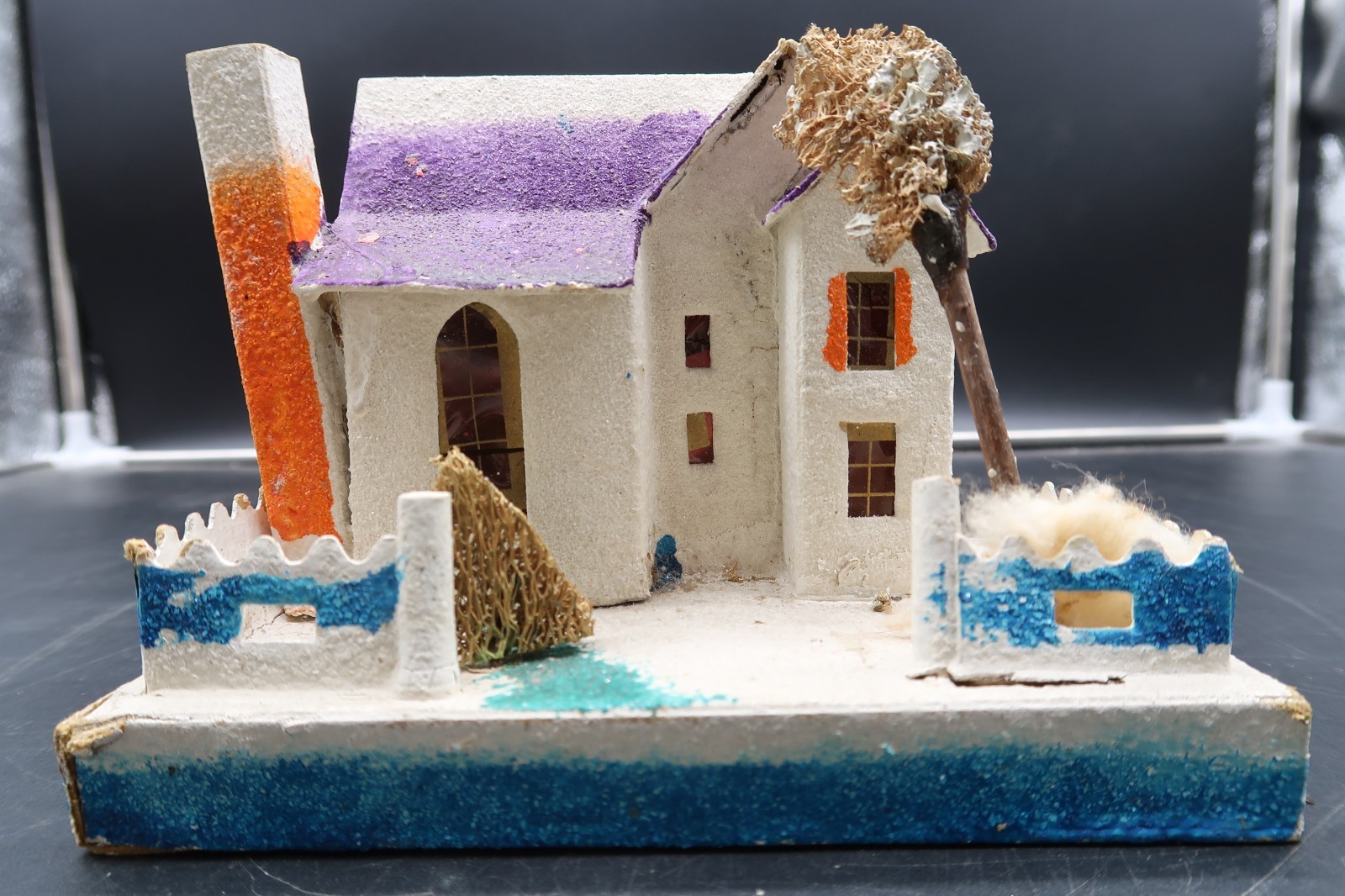 Vintage 1930s Japan Cardboard Putz House Christmas Village Large Purple Mansion