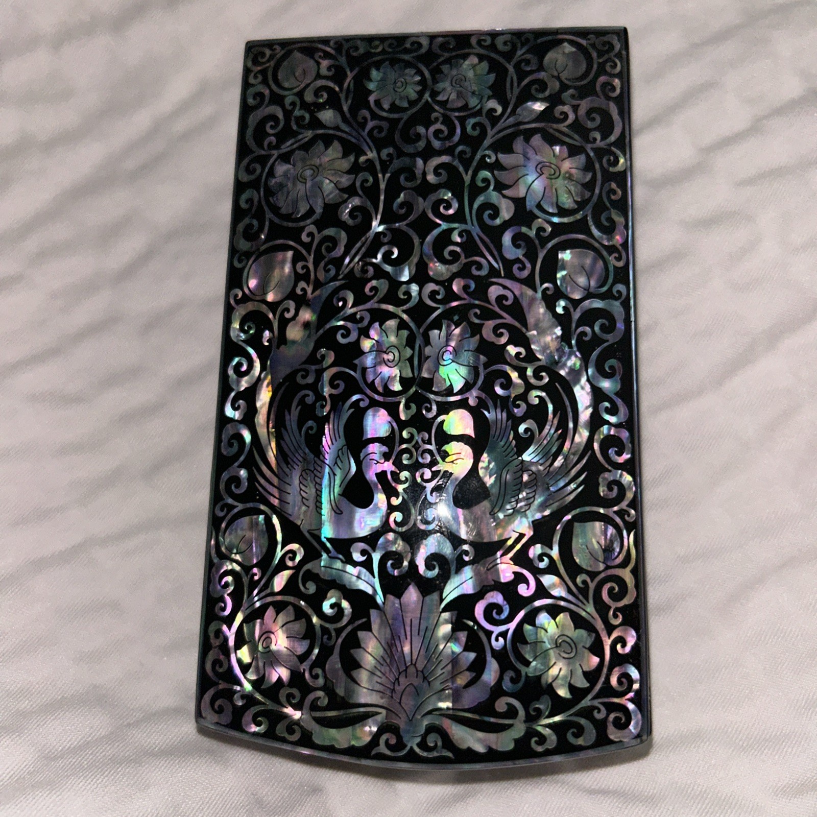 Black Lacquered Rectangular Trinket Box w/ Hinged Lid Mother-of-Pearl Inlay