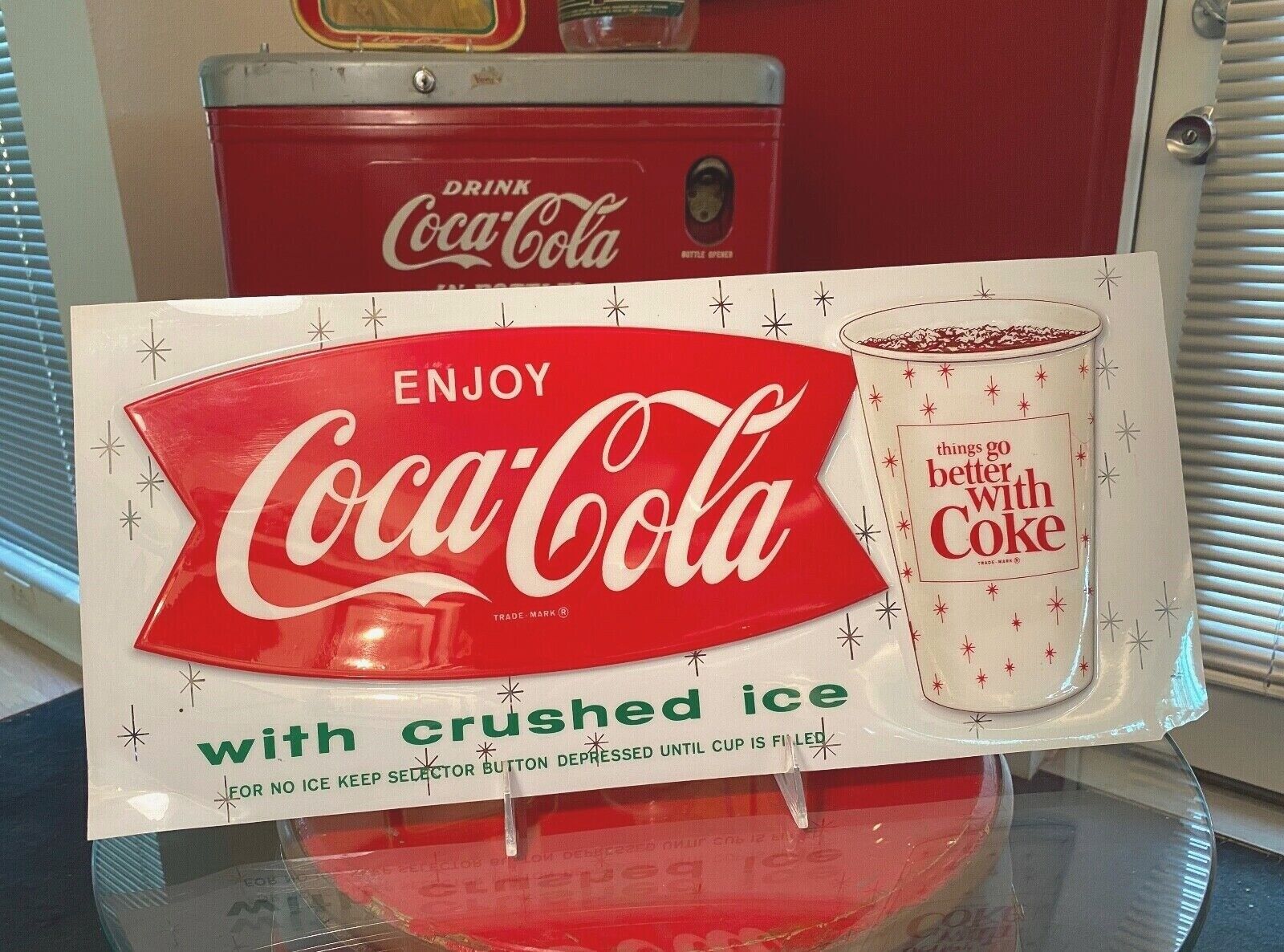 Coca Cola 1960s Fishtail Design Crushed Ice Cup Embossed Vending Plastic Sign