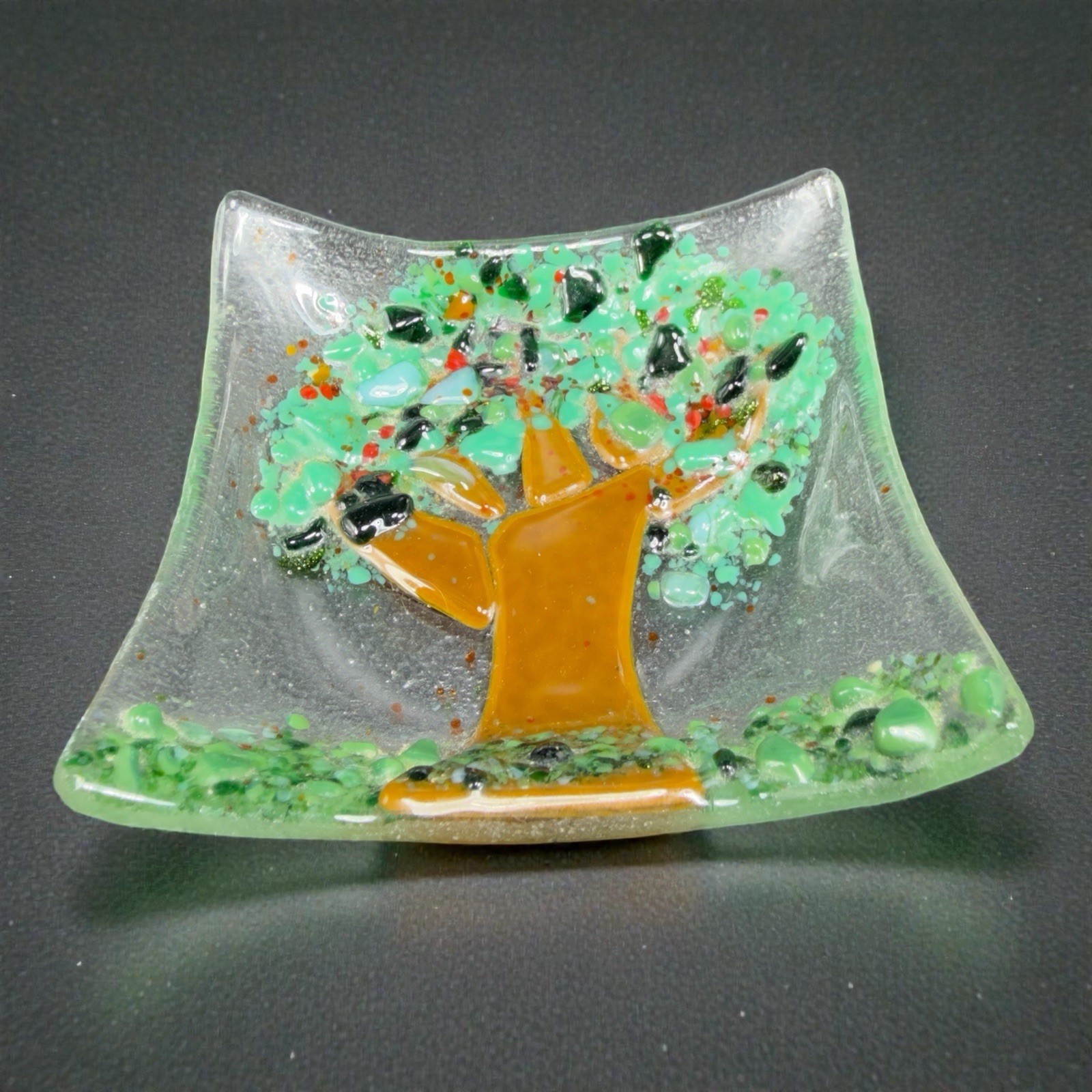 Hand Made Fused Art Glass Dish Plate Textured Tree Hand Crafted Decorative VTG