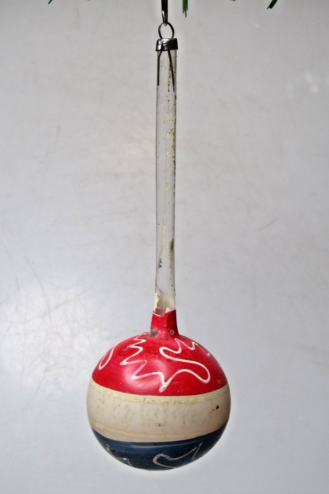 Antique VTG Glass Patriotic Stripes Large DROP RATTLE Christmas Ornament Germany
