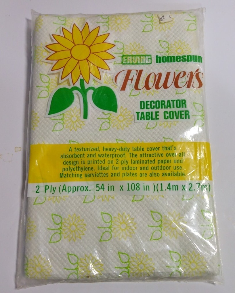 VTG ERVING HOMESPUN TABLECLOTH Daisies texture laminated paper 2 ply 54x108 NOS VTG ERVING HOMESPUN TABLECLOTH Daisies texture laminated paper 2 ply 54x108 NOS
