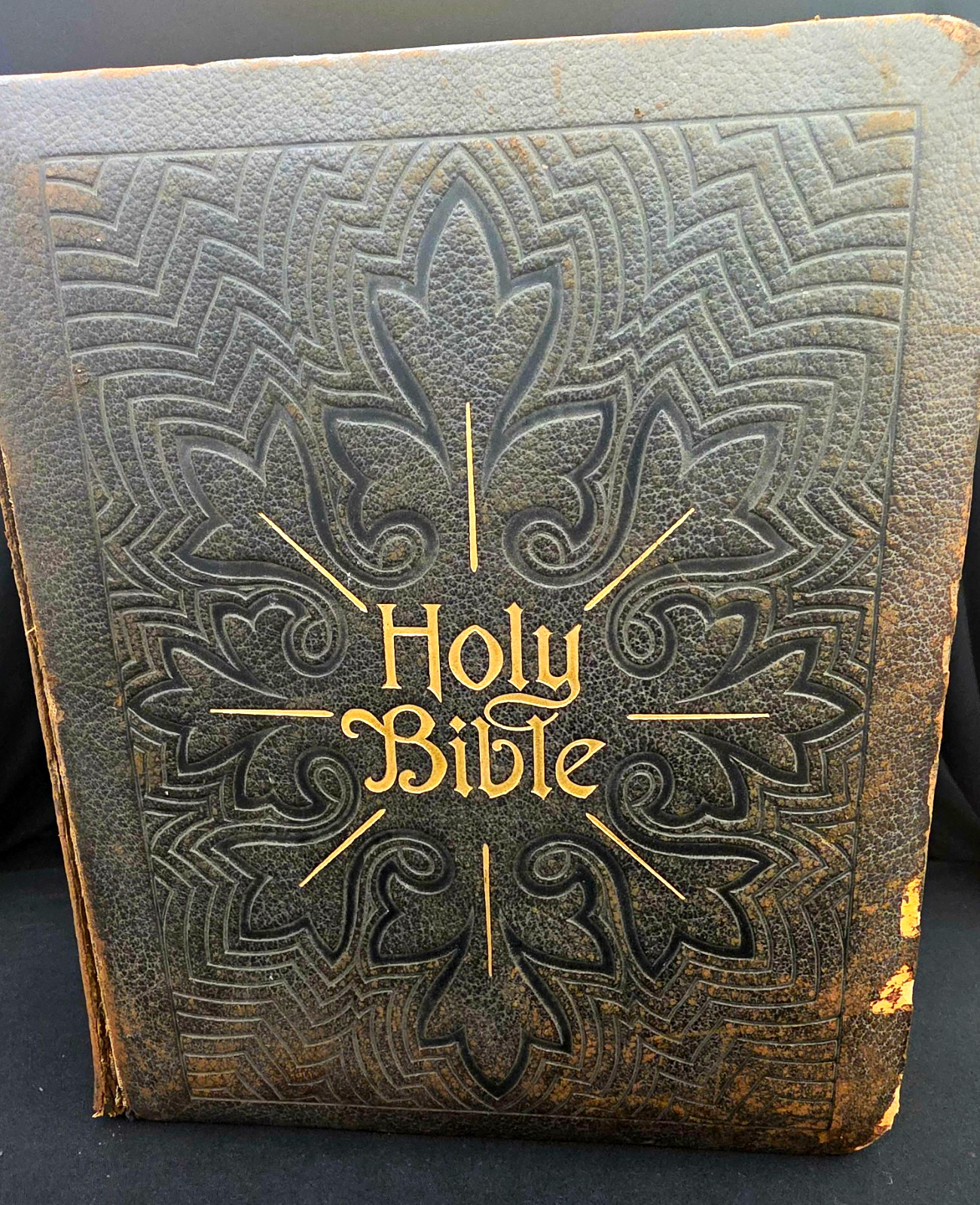 Antique Leather Bible. Ornate Embossed Starburst Parallel Self Pronouncing