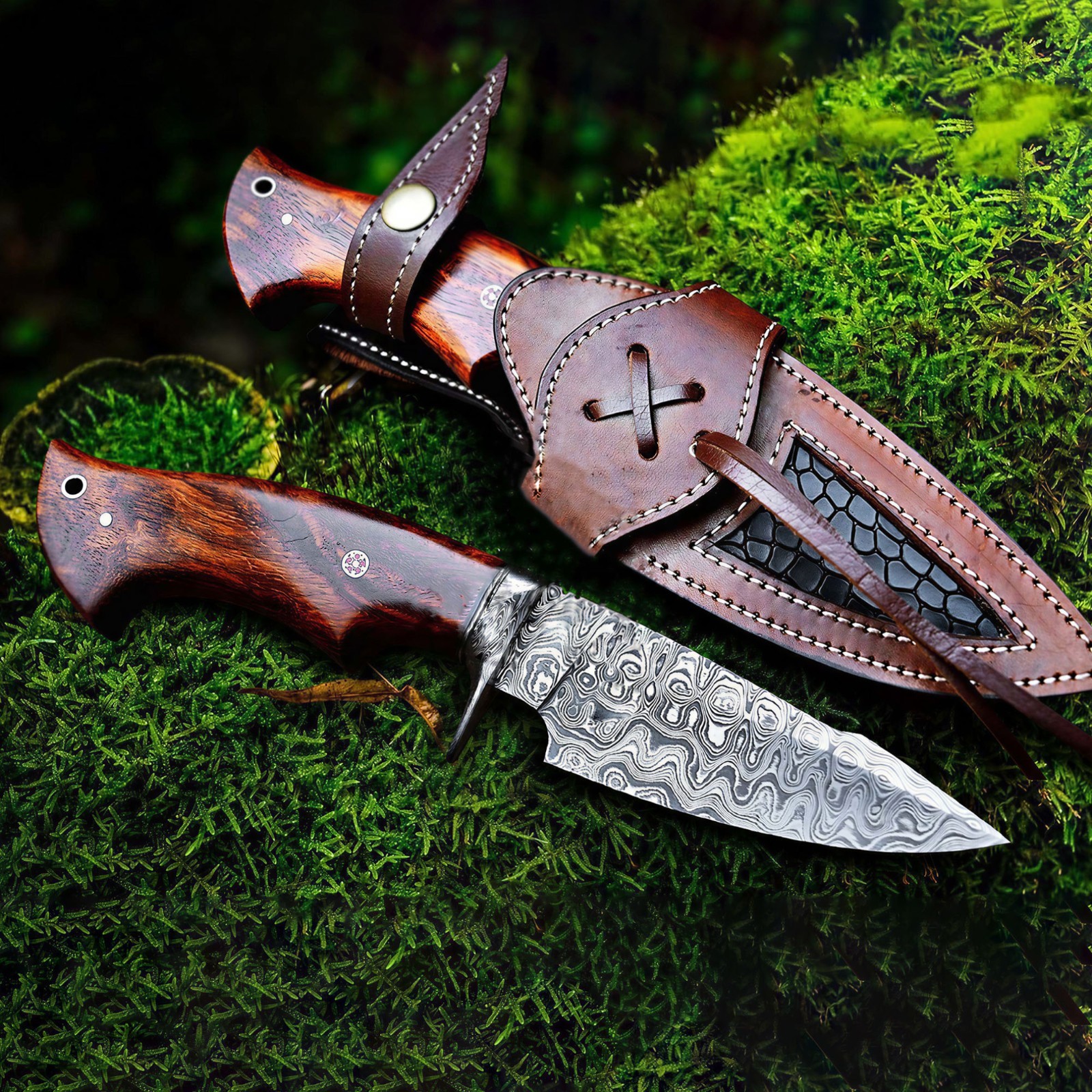 Damascus Steel Bowie Knife Fixed Blade Handmade Hunting Outdoor Knife