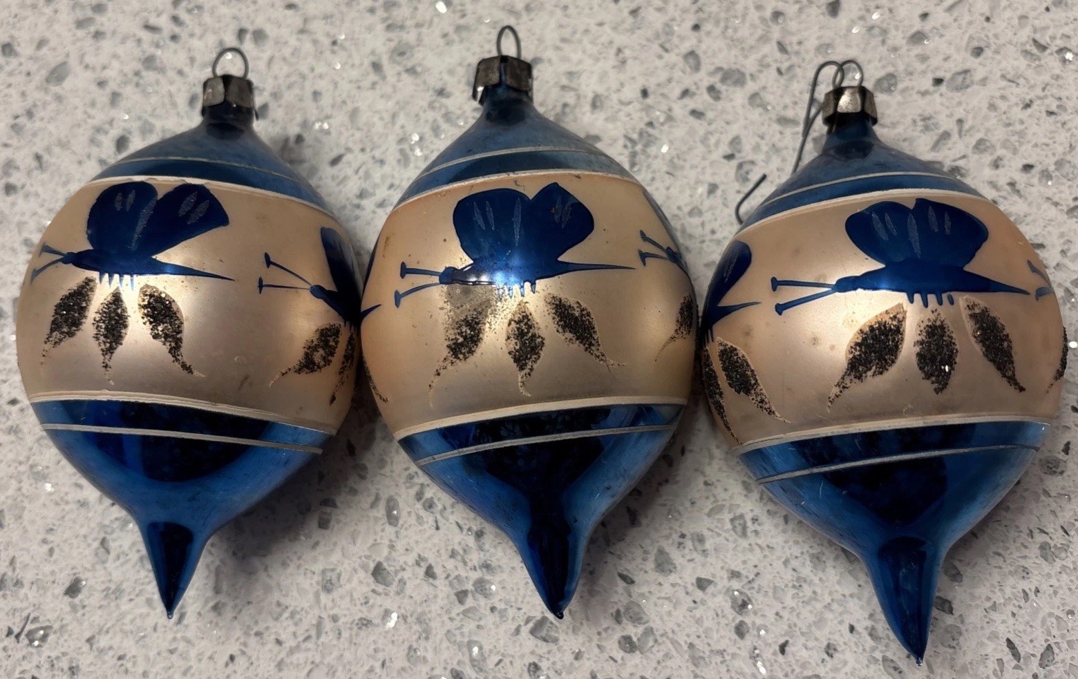 Vintage Lot 3 Mercury Glass Christmas Teardrop Ornaments Blue Butterfly Poland