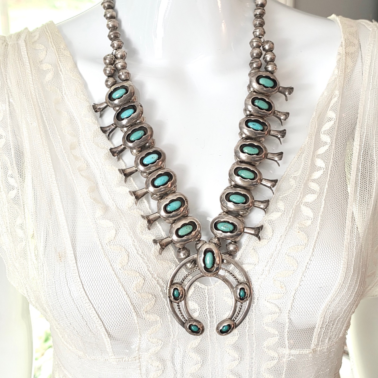 VTG NATIVE AMERICAN LORENCITA GARCIA SD 925 SILVER TURQUOISE SQUASH BLOSSOM,25 VTG NATIVE AMERICAN LORENCITA GARCIA SD 925 SILVER TURQUOISE SQUASH BLOSSOM,25