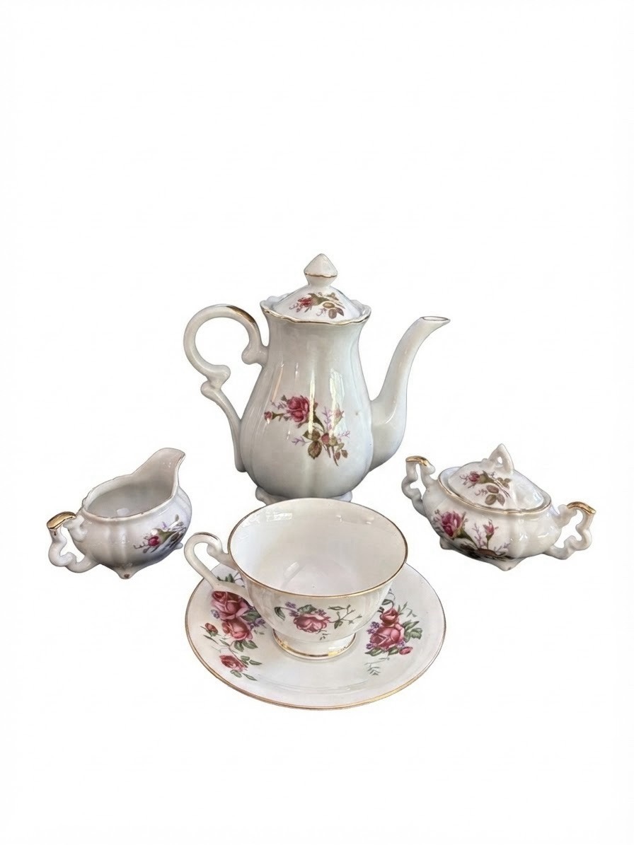Ucagco Japan Moss Rose Gold Porcelain 7pc Teapot Sugar Creamer Cups Saucer G