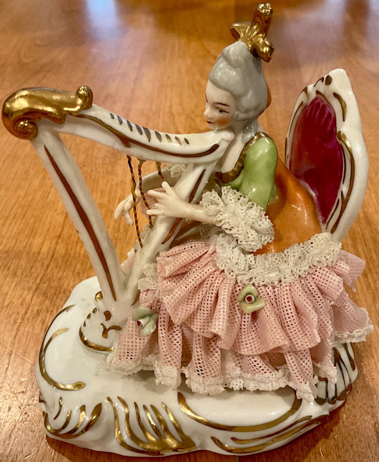 VTG ANTIQ DRESDEN GERMANY LACE HARP PLAYING LADY FIGURINE EUC