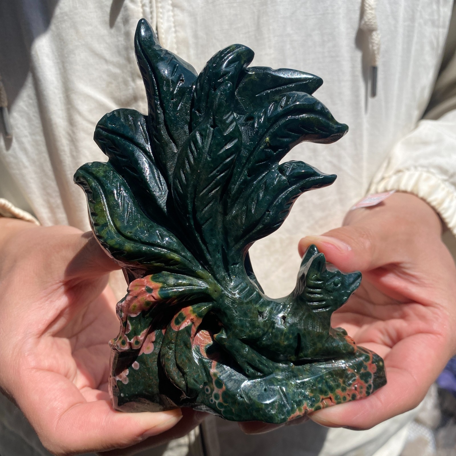 0.9lb natural ocean jasper, hand-carved mineral specimen of the nine-tailed fox