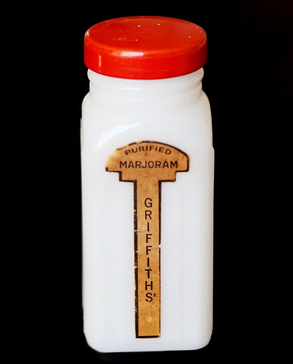 Griffith's Purified Marjoram Spice Jar Bottle w/ Red Lid Milk Glass Vintage