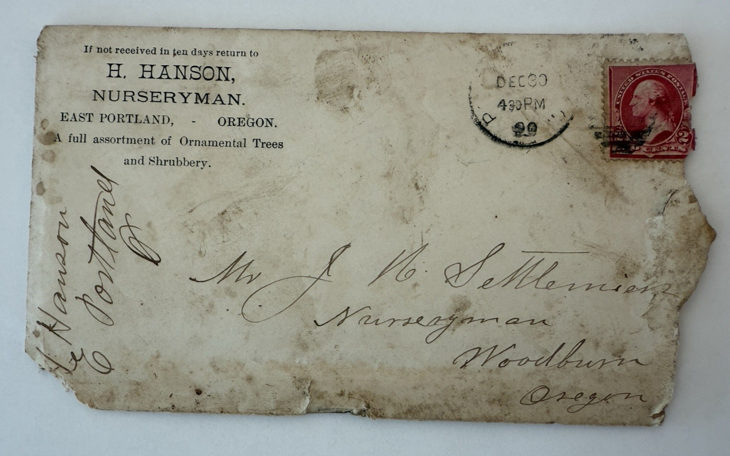 1890 H. Hanson, Nurseryman East Portland Oregon Ad Postal Cover 2c w/ Letterhead