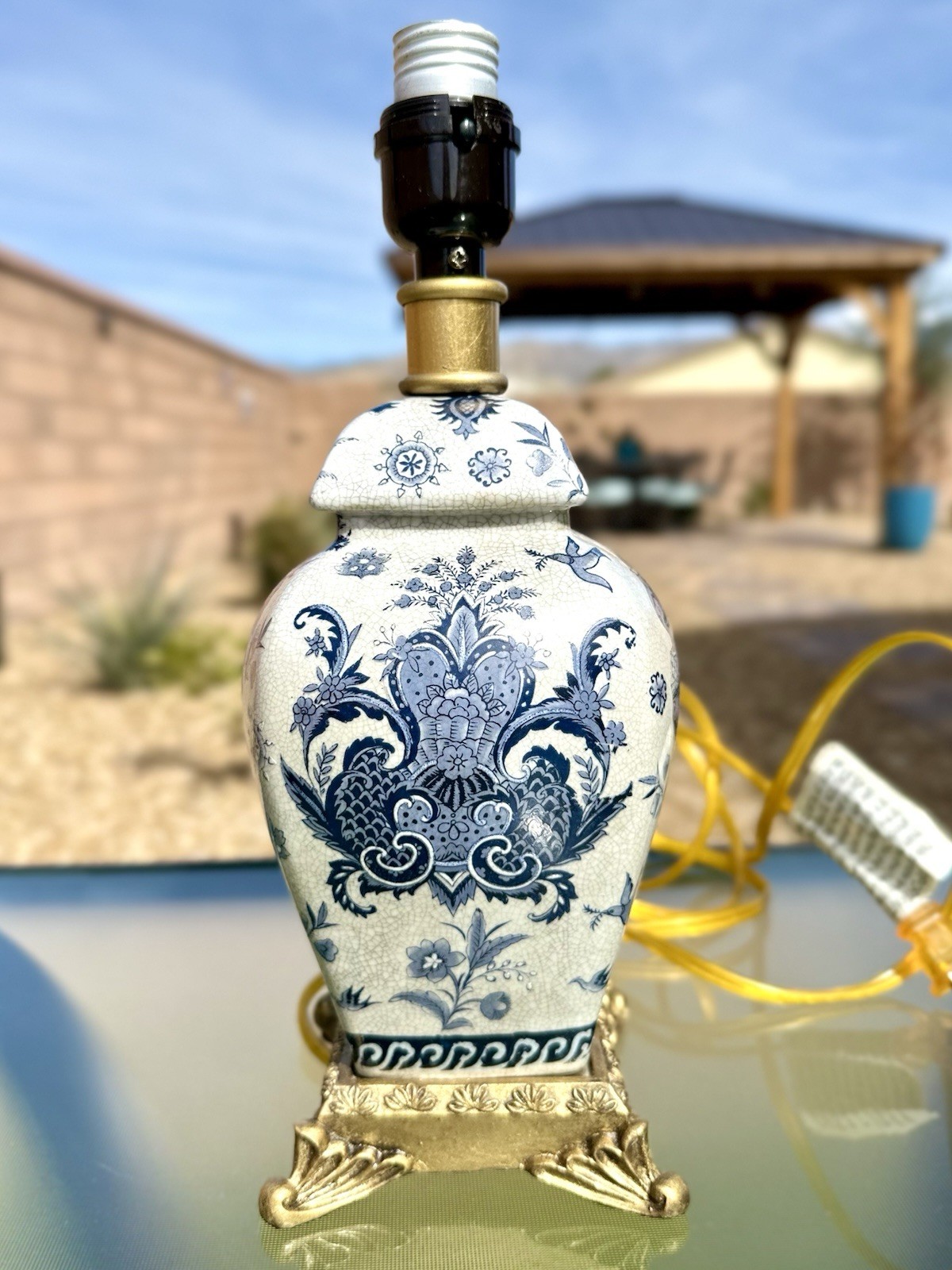 Vintage Blue & White Grey Porcelain Floral Ginger Jar Lamp Crackle Glaze 12\