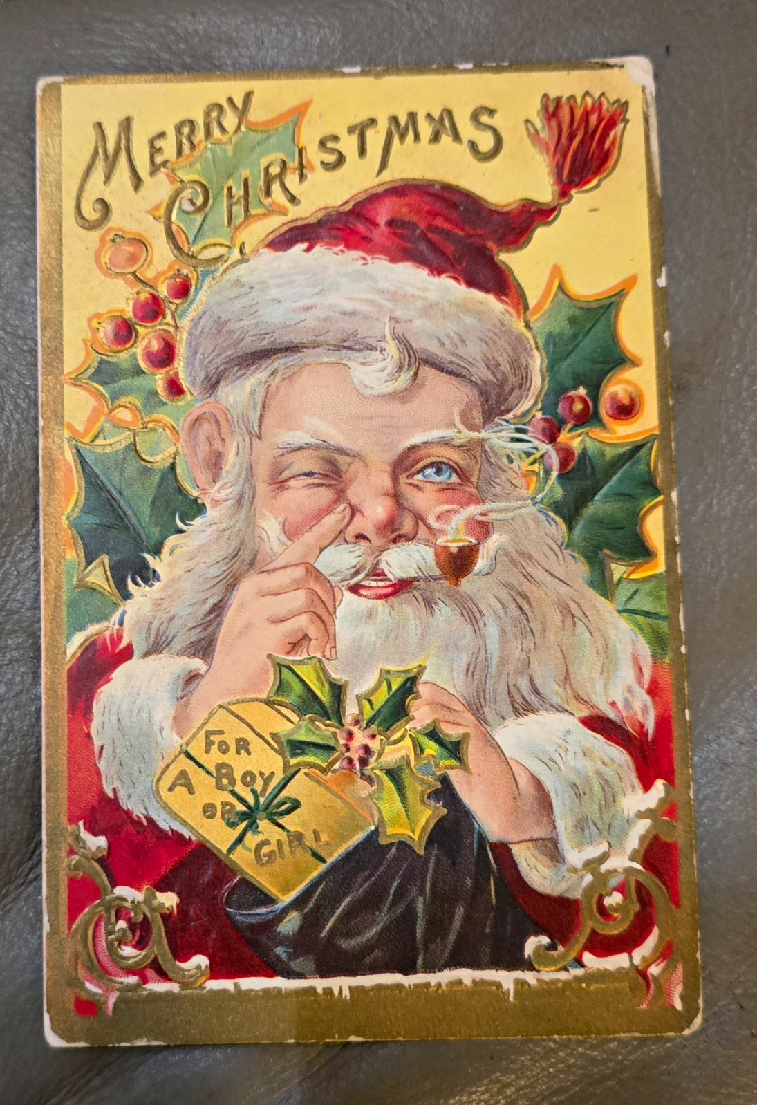 Vintage 1909 Merry Christmas Santa Embossed Postcard antique Posted w/ Stamp