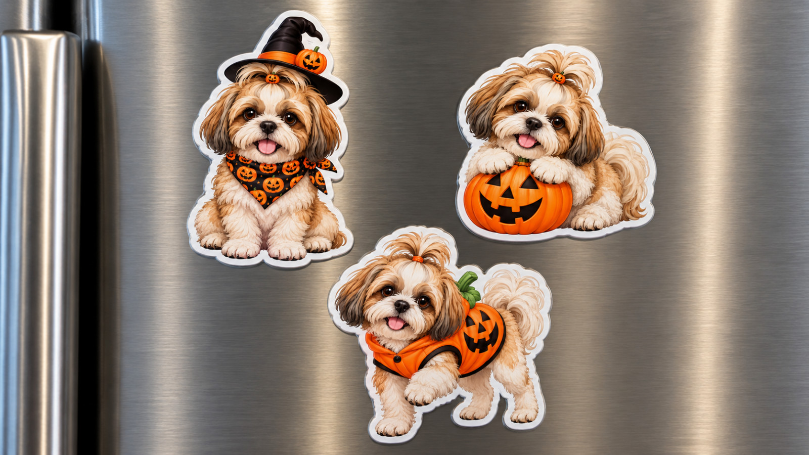 3 Shih Tzu Halloween Dog Magnets Pumpkin Puppy Refrigerator Fridge Decor Handmad