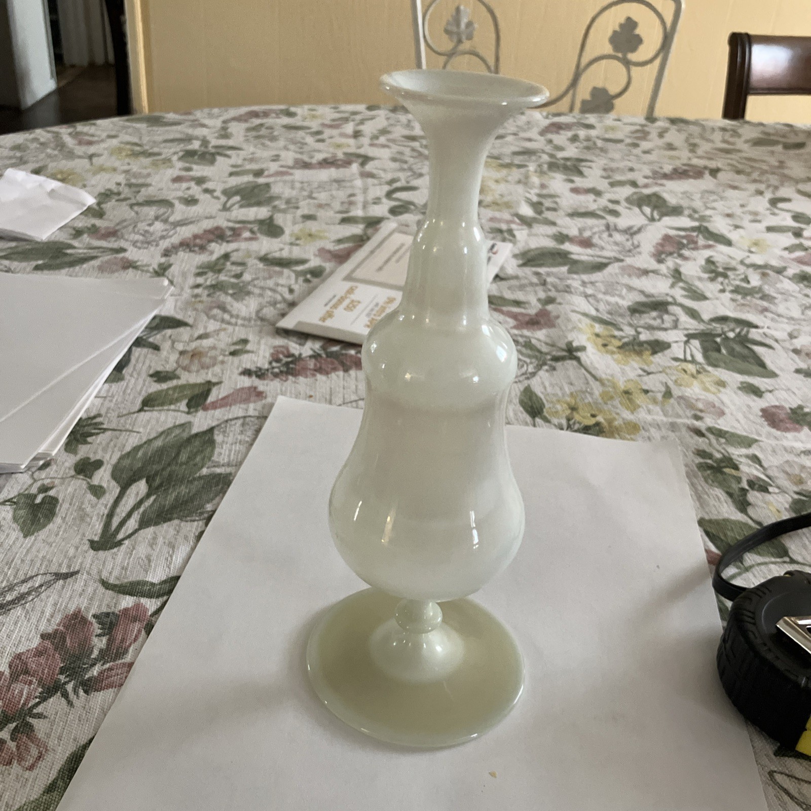 Antique Opaline Art Hand Blown Glass Bud Vase Satin White 8” Victorian Bulbous
