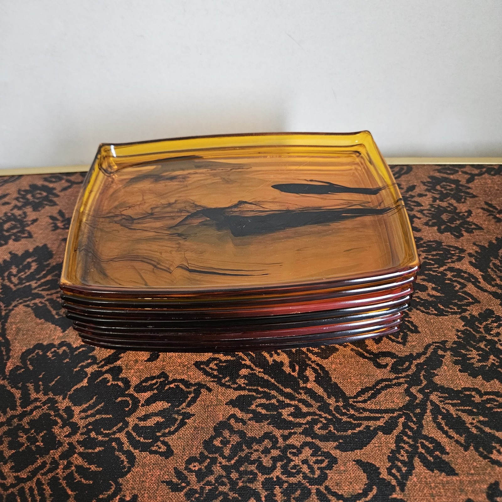 Vtg 1960s Mid Century Modern Lucite Snack Trays Amber Tortoise Shell Set of 8