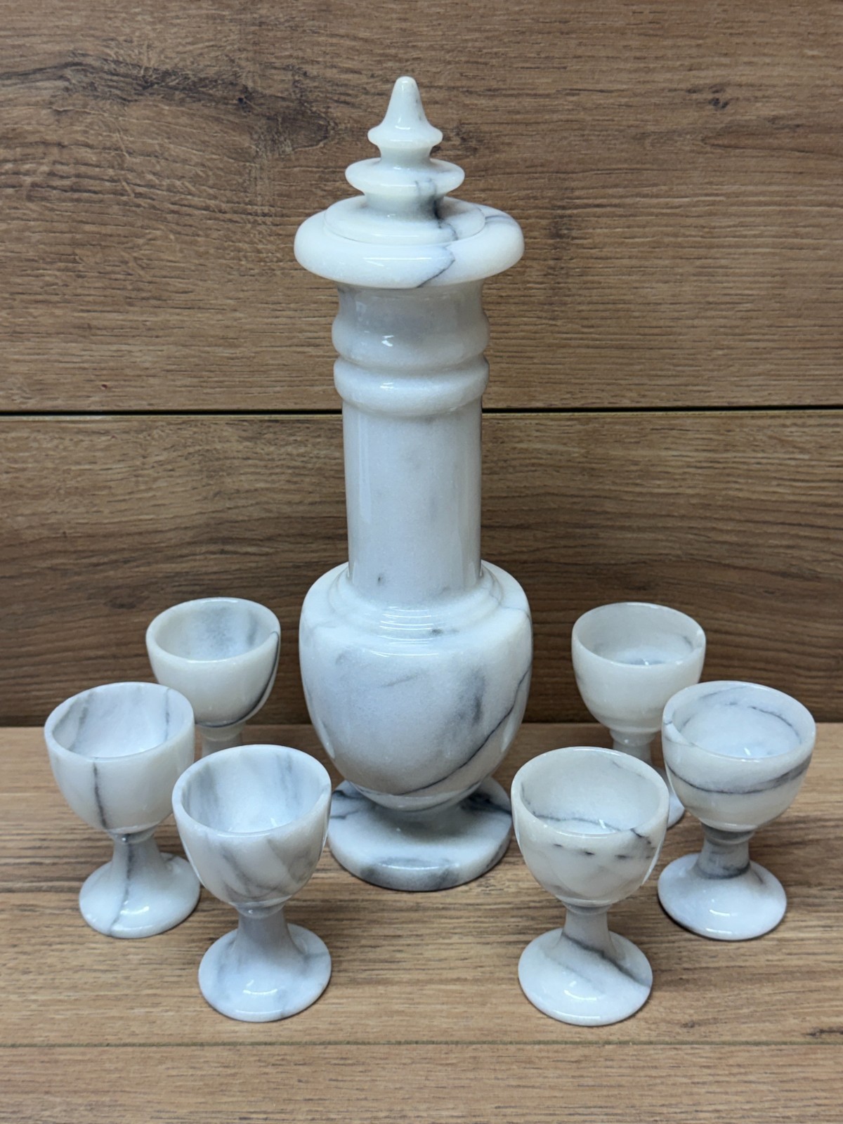 Vintage MCM Marble Liquor Decanter Set, Antique White and Gray Wine Goblets