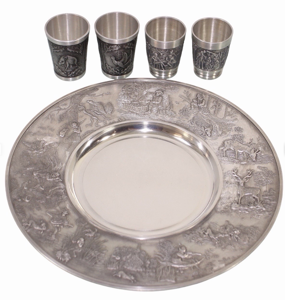 Vintage German SKS Zinn 95% Pewter Hunting Tray Plate w/ 4 Shot Glasses Set