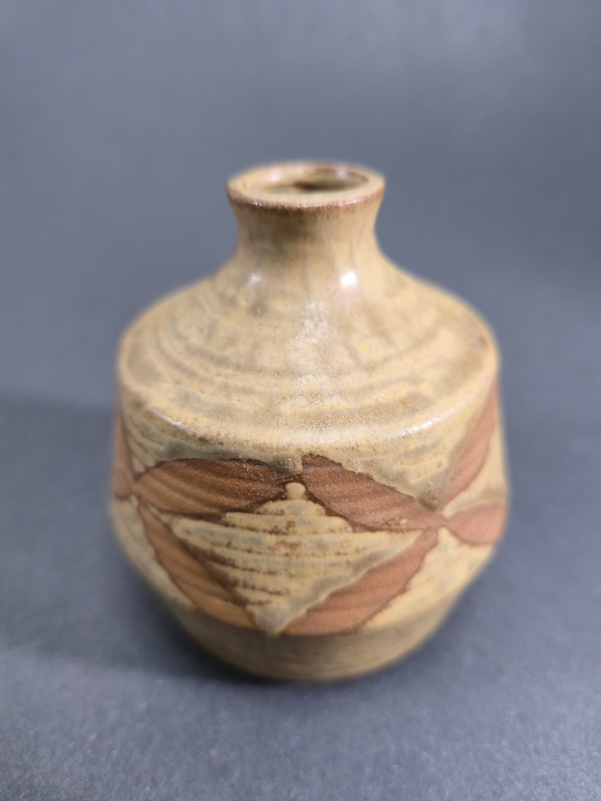 Hand Made Glazed X Pattern Studio Pottery Stoneware Small Brown Bud Vase 3.5\