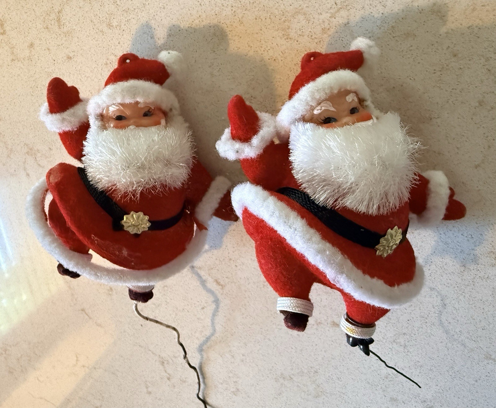 Vintage Christmas Waving Dancing Flocked Santa Figures on Wire x 2