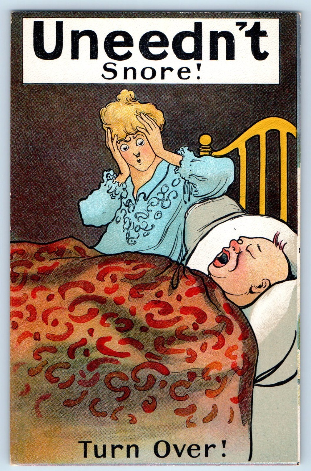 c1910\'s Postcard Uneedn\'t Shore Turn Over Couple On Bed Man Snoring Antique