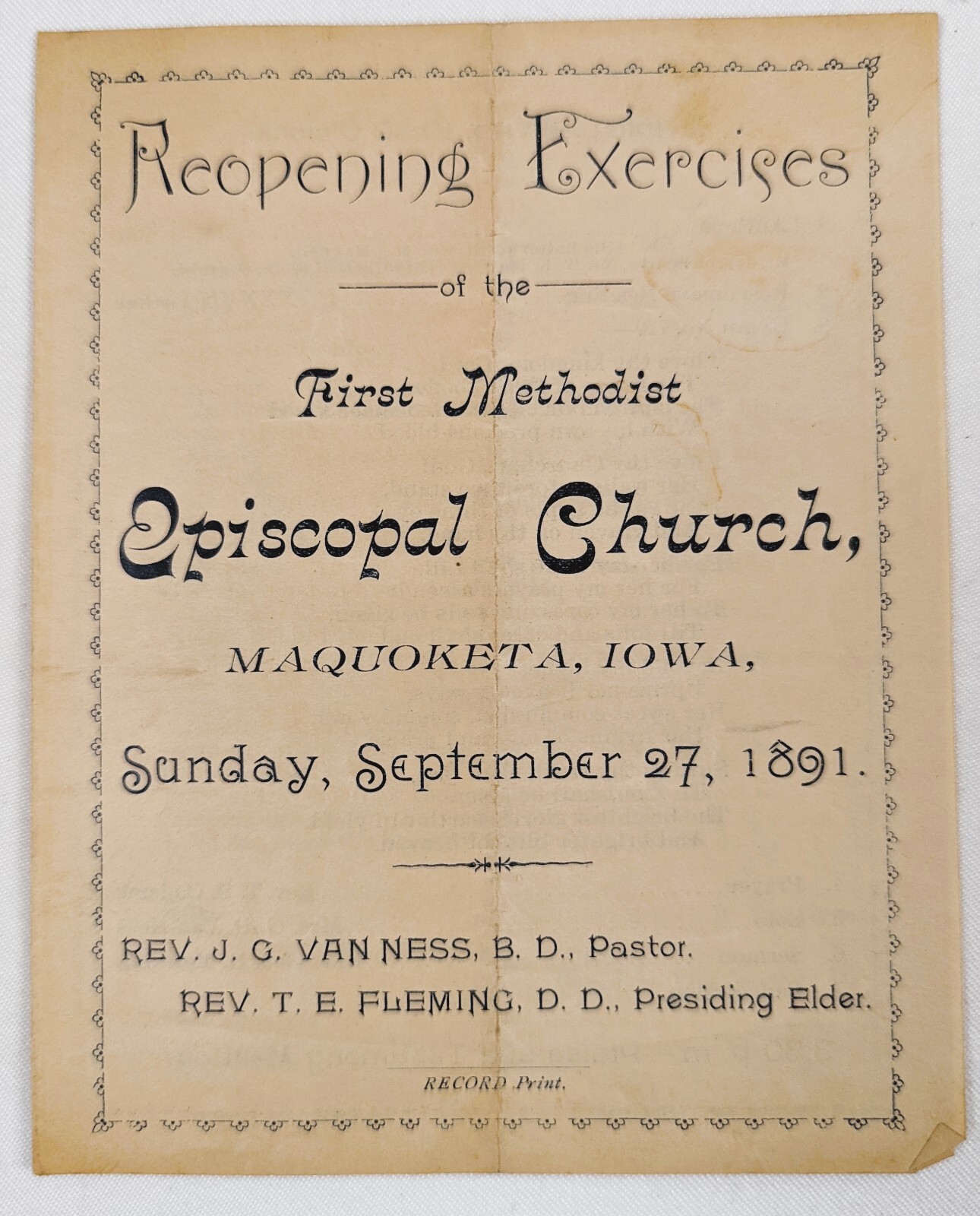 1891 First Methodist Episcopal Church Maquoketa, Iowa Service Handout