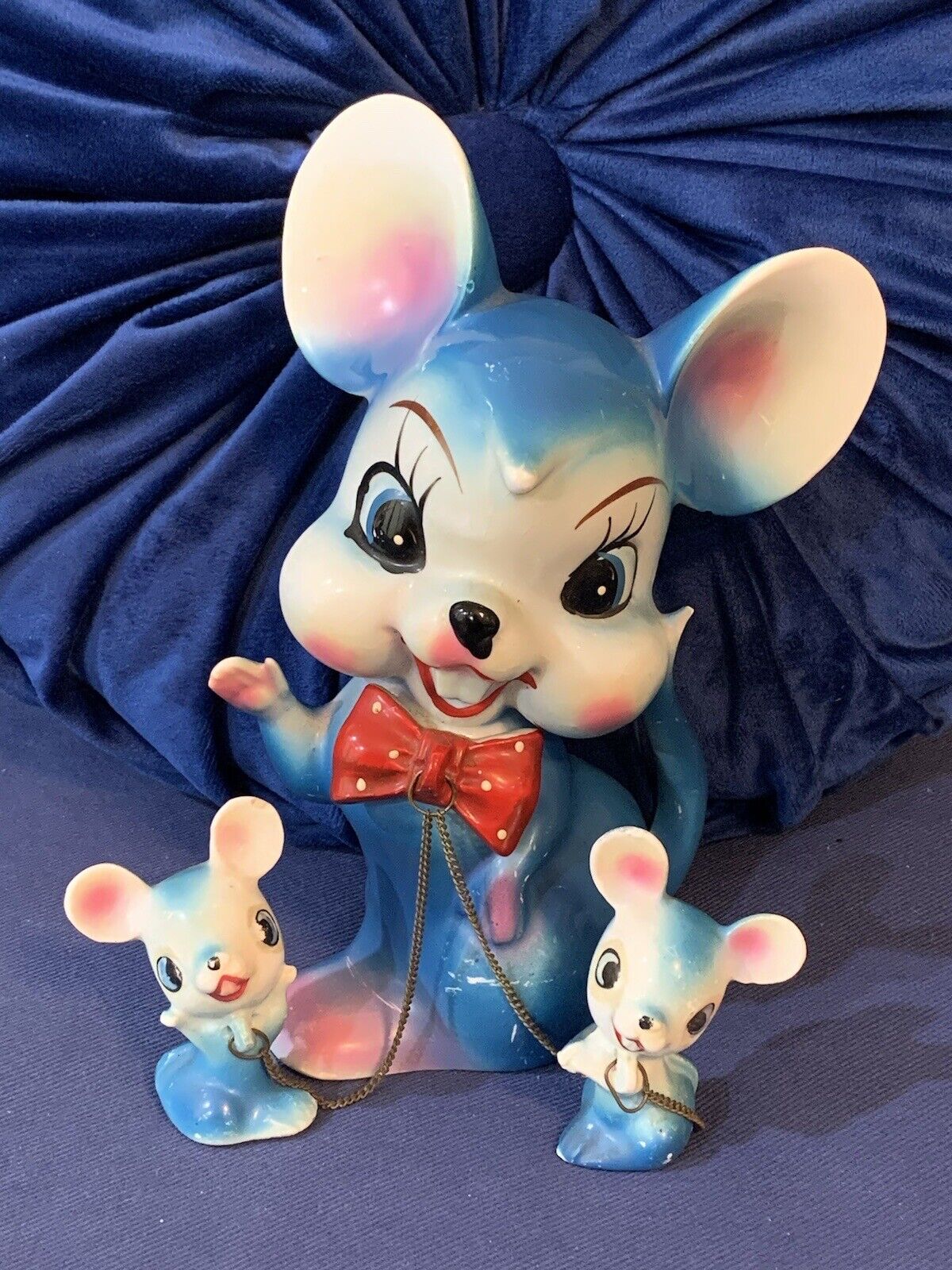 Vintage Arnart Japan Blue Mouse Mom & Babies Mice Chains Chained Rare