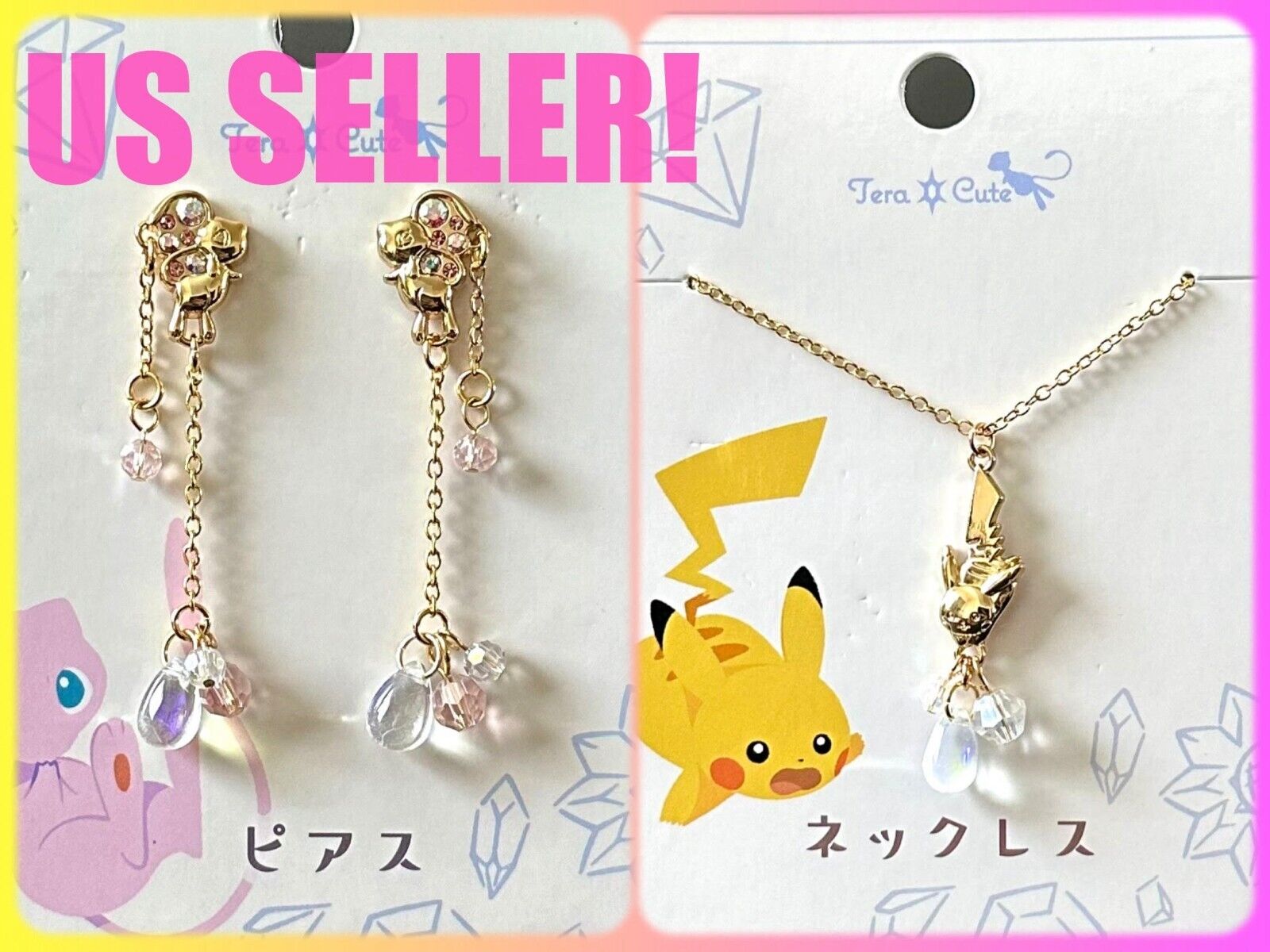 💜 Pokemon Center Japan Mew / Pikachu Pierced Earrings Necklace Accessory Lot 💛