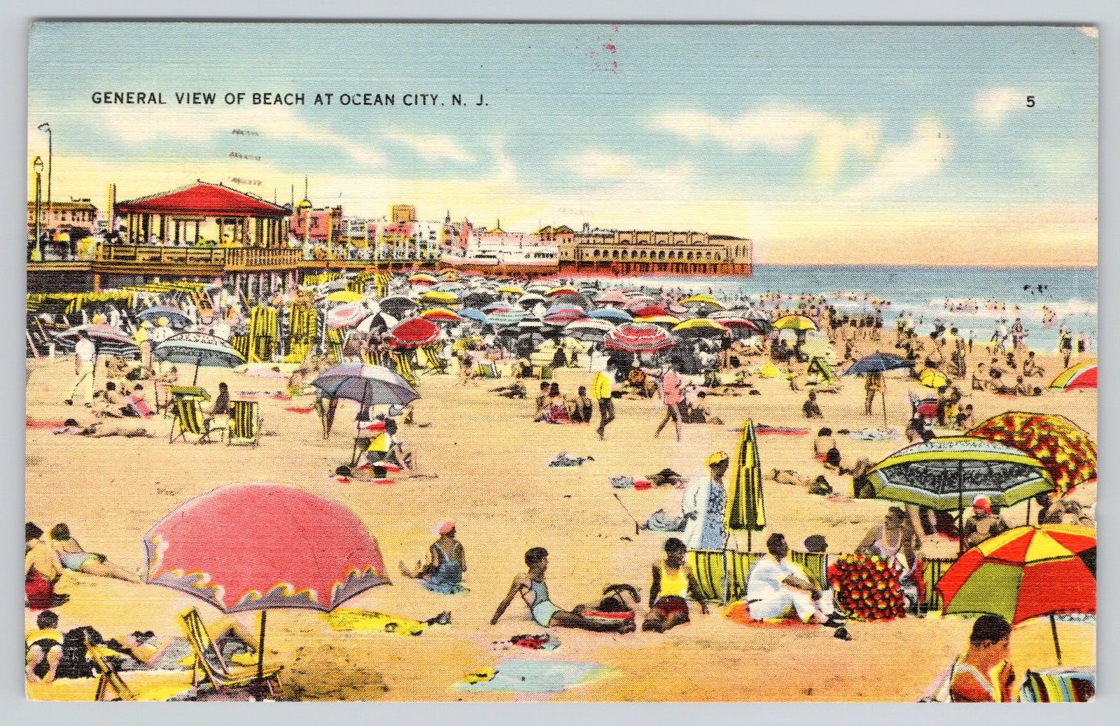 Ocean City NJ Postcard General View Beach New Jersey Vintage Linen 1939 Posted